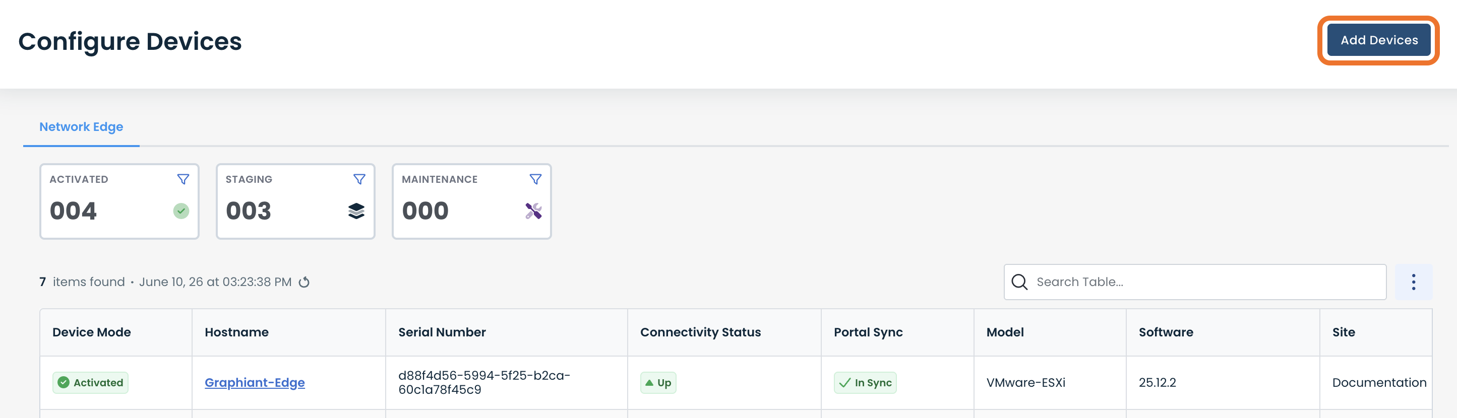 Device configuration overview showing activated, staging, and maintenance statuses with device details.